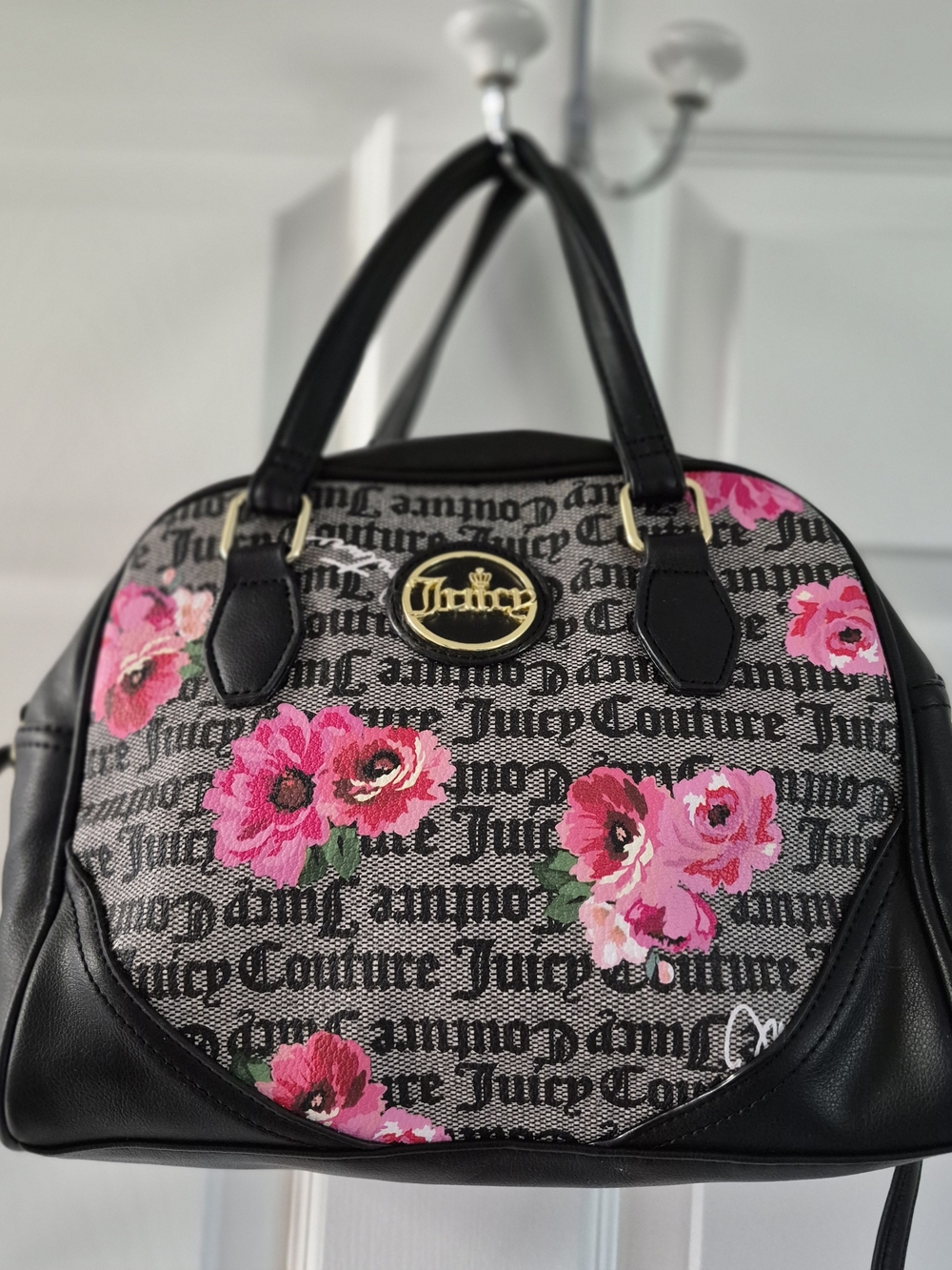 Juicy Couture Black Floral Logo Satchel Bag